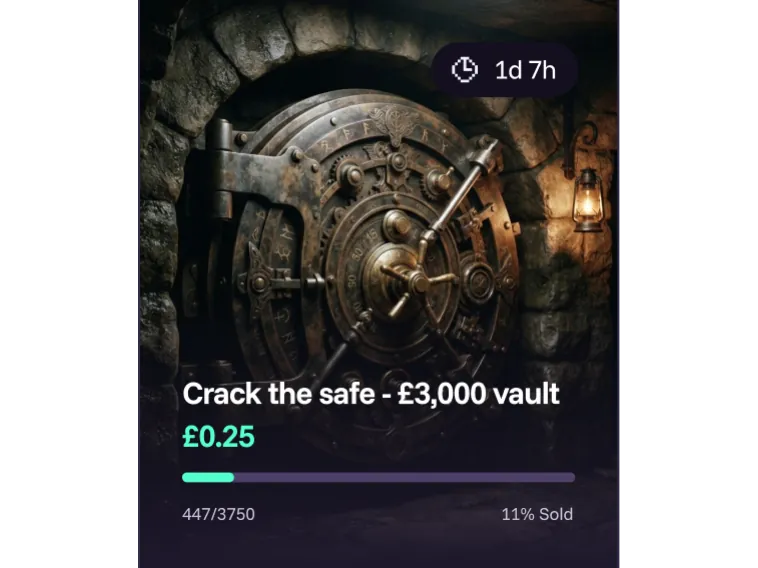 A competition card: Crack the safe, £3,000 vault, 25p a ticket.