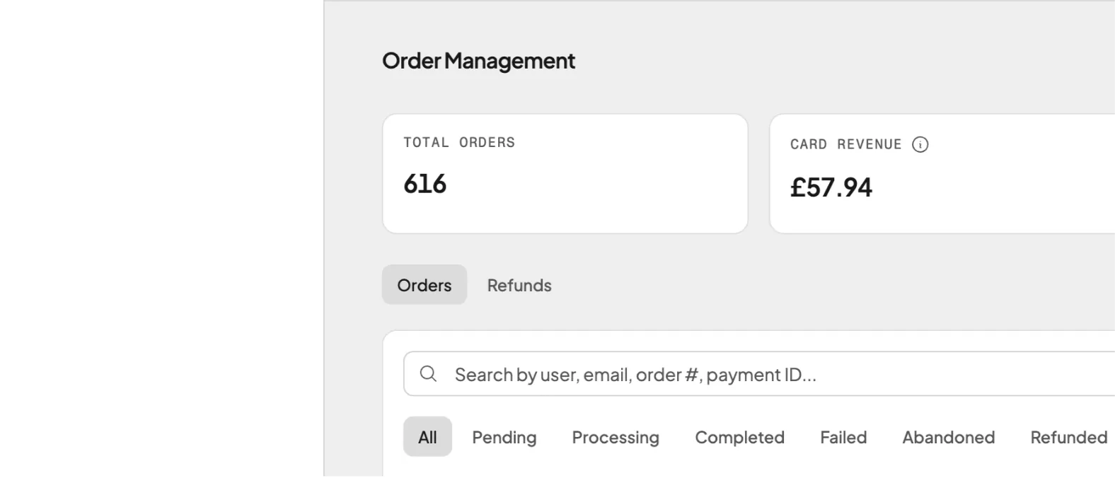 Order management with total orders, card revenue and order filters.