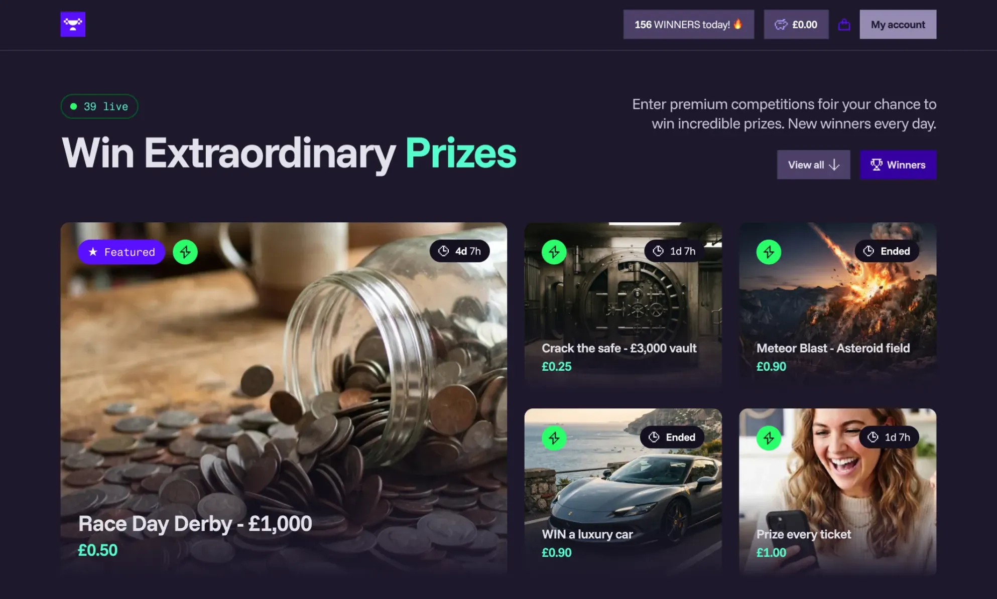 The Comps.gg demo site: a competition storefront showing featured prizes, prices and countdowns.