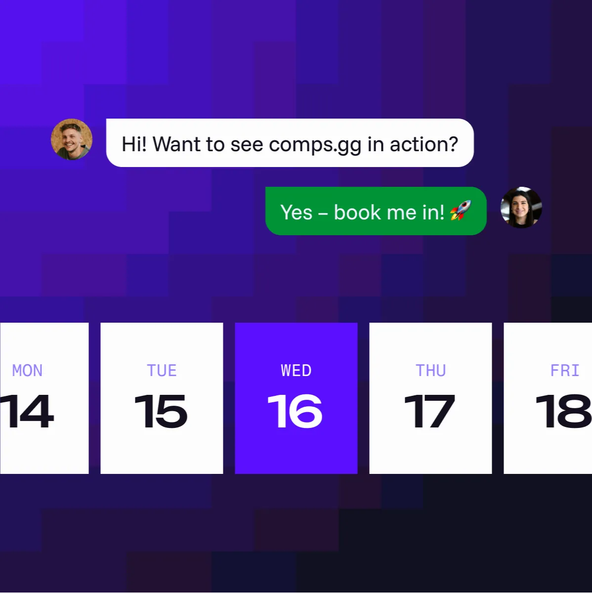 A chat inviting an operator to see Comps.gg in action, and a calendar to pick a demo day.